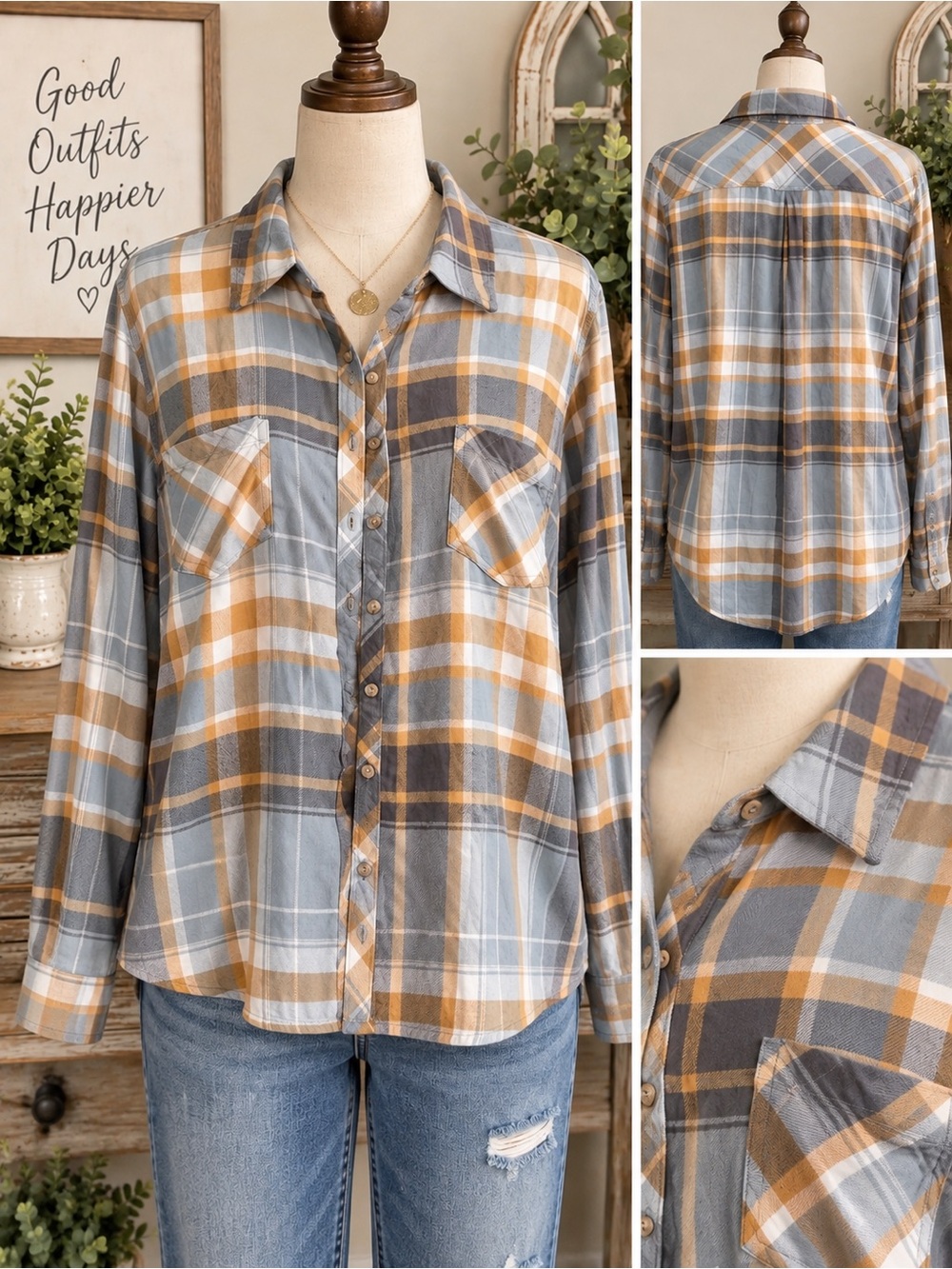 Maurices XL Plaid Flannel Button Front Shirt Gray Mustard Cream Pockets